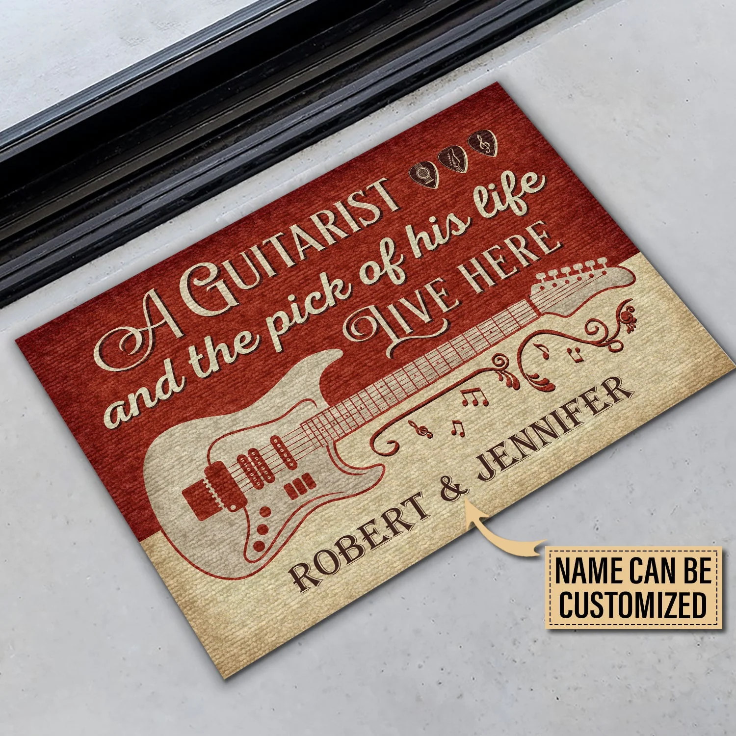 Personalized Guitar Red Old Couple Live Here Customized Doormat - Image 3