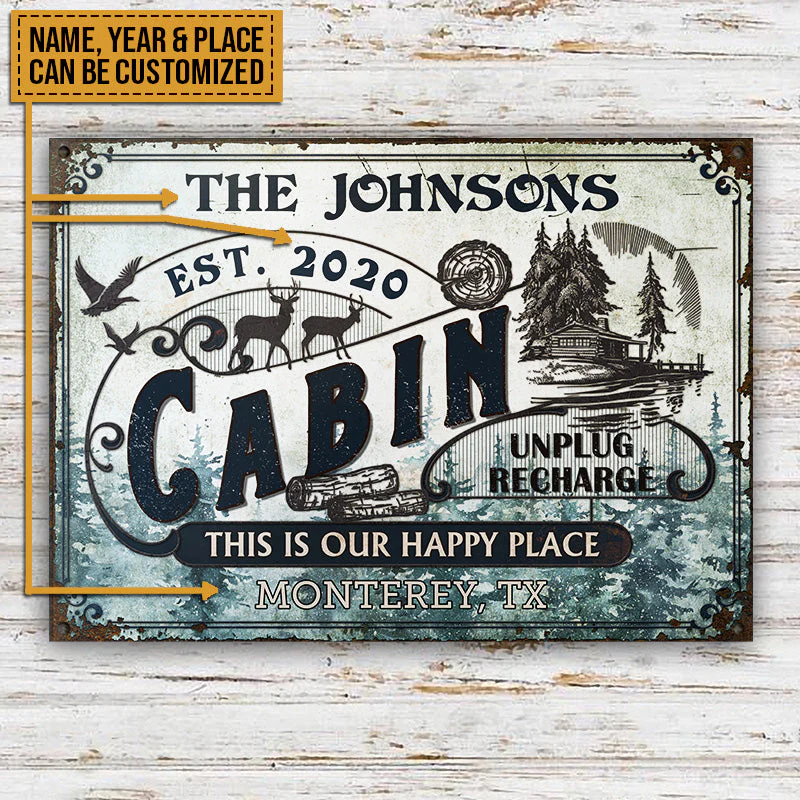 Personalized Log Cabin This Is Our Happy Place Custom Classic Metal Signs - Image 3