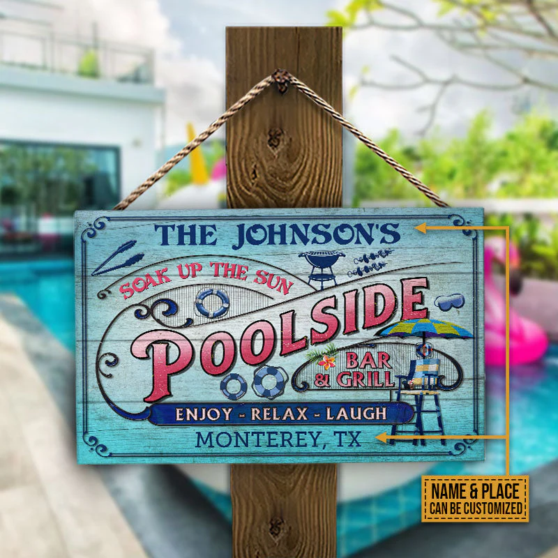 Personalized Pool Bar & Grill Pink And Blue Custom Wood Rectangle Sign - Image 3