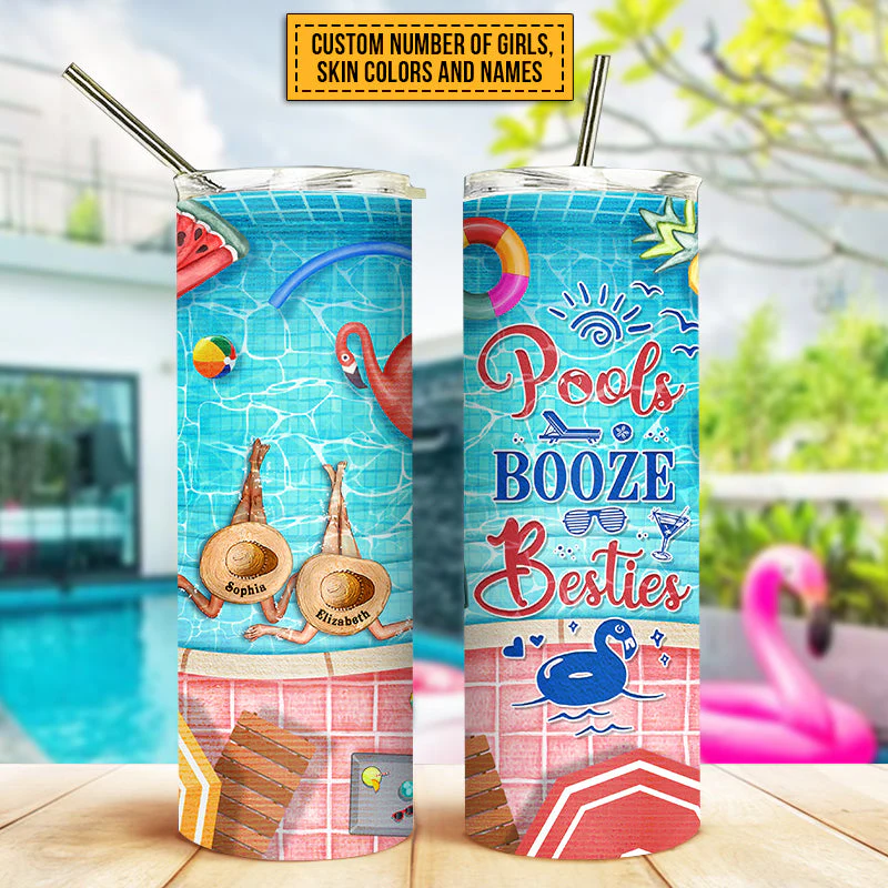 Personalized Swimming Bestie Pools Booze Besties Custom Skinny Tumbler - Image 3