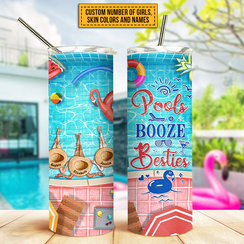 Personalized Swimming Bestie Pools Booze Besties Custom Skinny Tumbler - Image 4
