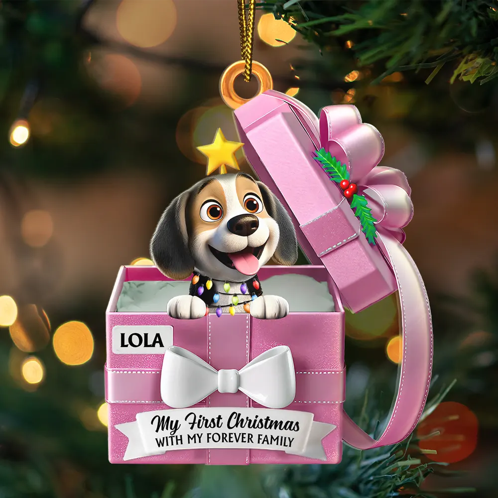 Pet First Christmas, Gift Reveals, Gift Box 3D Effect - Personalized Custom Shaped Acrylic Ornament - Image 3