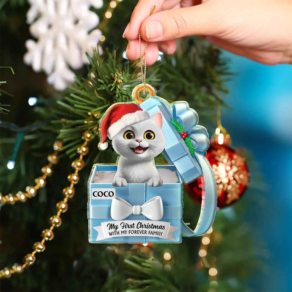 Pet First Christmas, Gift Reveals, Gift Box 3D Effect - Personalized Custom Shaped Acrylic Ornament - Image 4