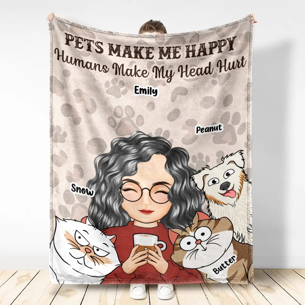 Pet Lovers Cats Make Me Happy Humans Make My Head Hurt - Personalized Fleece Blanket, Sherpa Blanket - Image 3