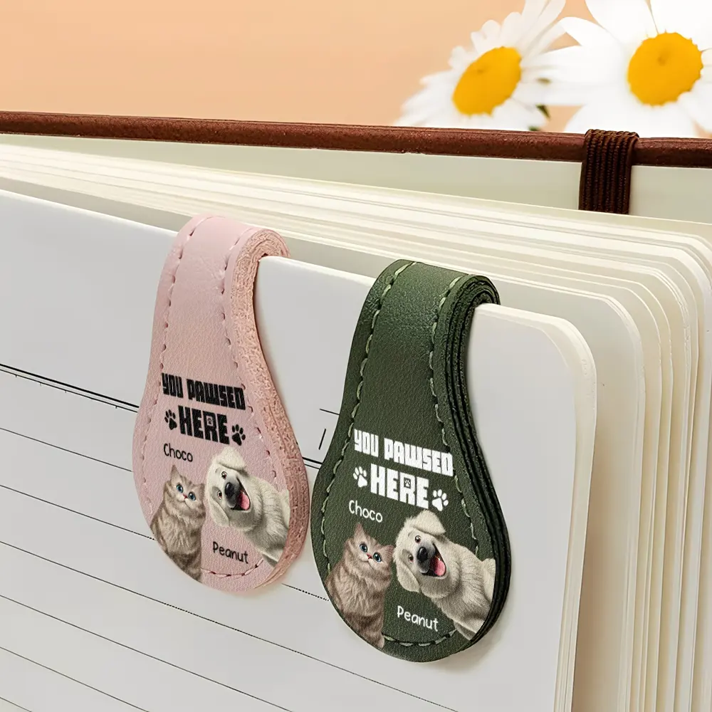 Pet Lovers Funny You Pawsed Here - Personalized Circle Leather Magnetic Bookmark - Image 4