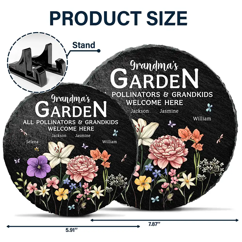 Pollinators And Grandkids Welcome Here - Personalized Circle Memorial Garden Stone - Image 5