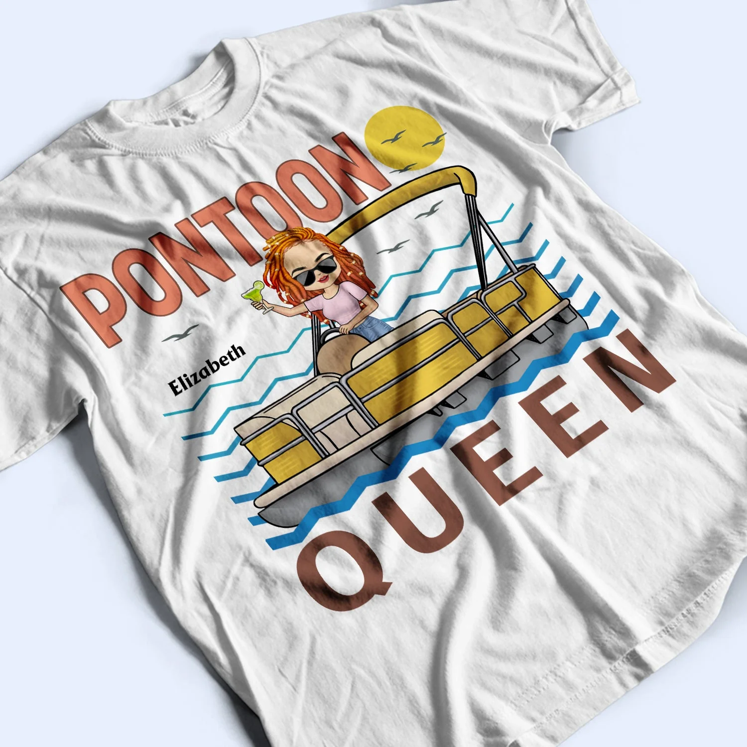 Pontoon Captain Pontoon Queen - Birthday, Anniversary, Travel, Vacation Gift For Woman, Man - Personalized T Shirt - Image 3