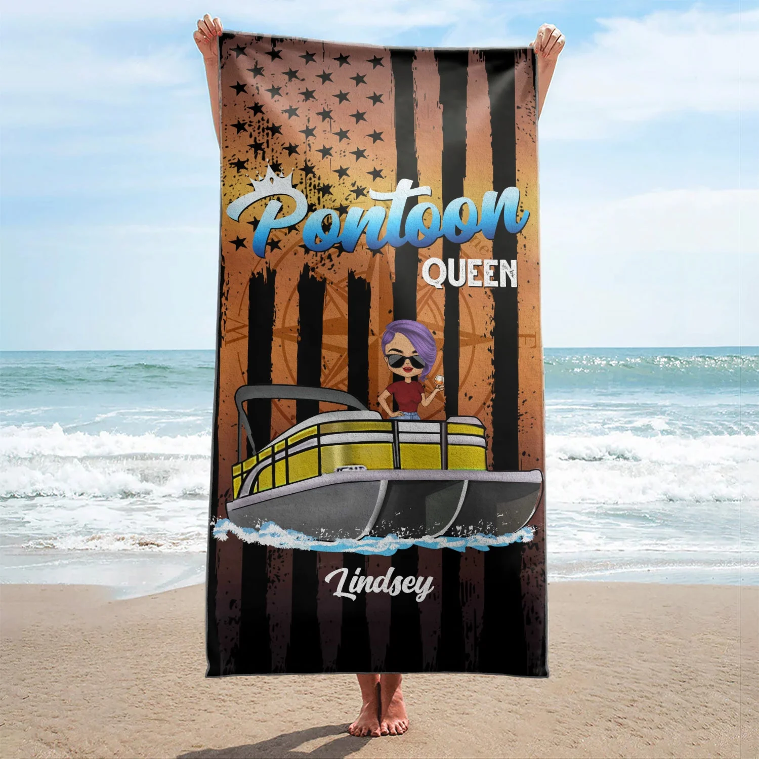 Pontoon Captain Pontoon Queen - Gift For Pontoon Owner - Personalized Custom Beach Towel - Image 2