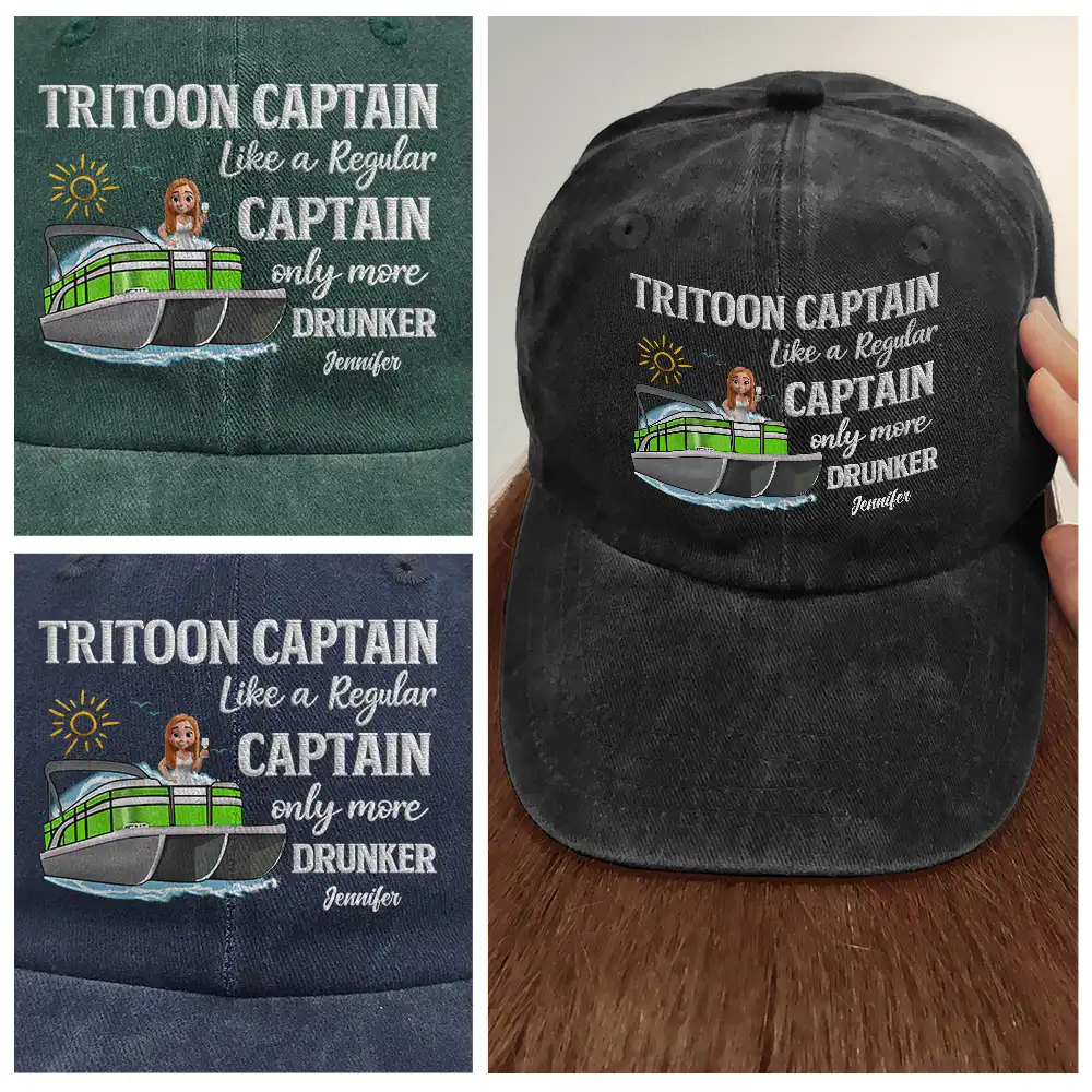 Pontoon Captain Pontoon Queen - Personalized Vintage Washed Denim Cap - Image 4