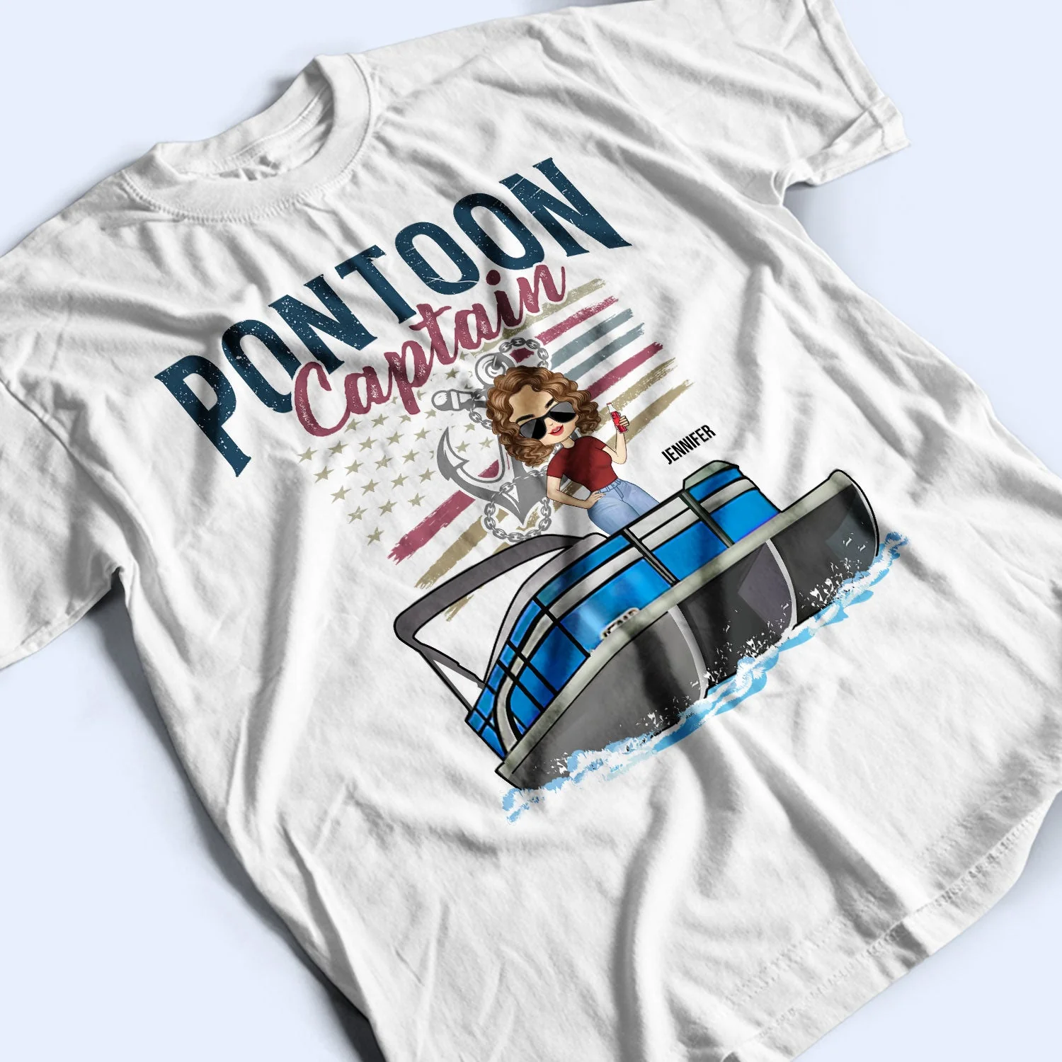 Pontoon Captain Stars & Stripes - Gift For Pontoon Owners - Personalized Custom T Shirt - Image 3