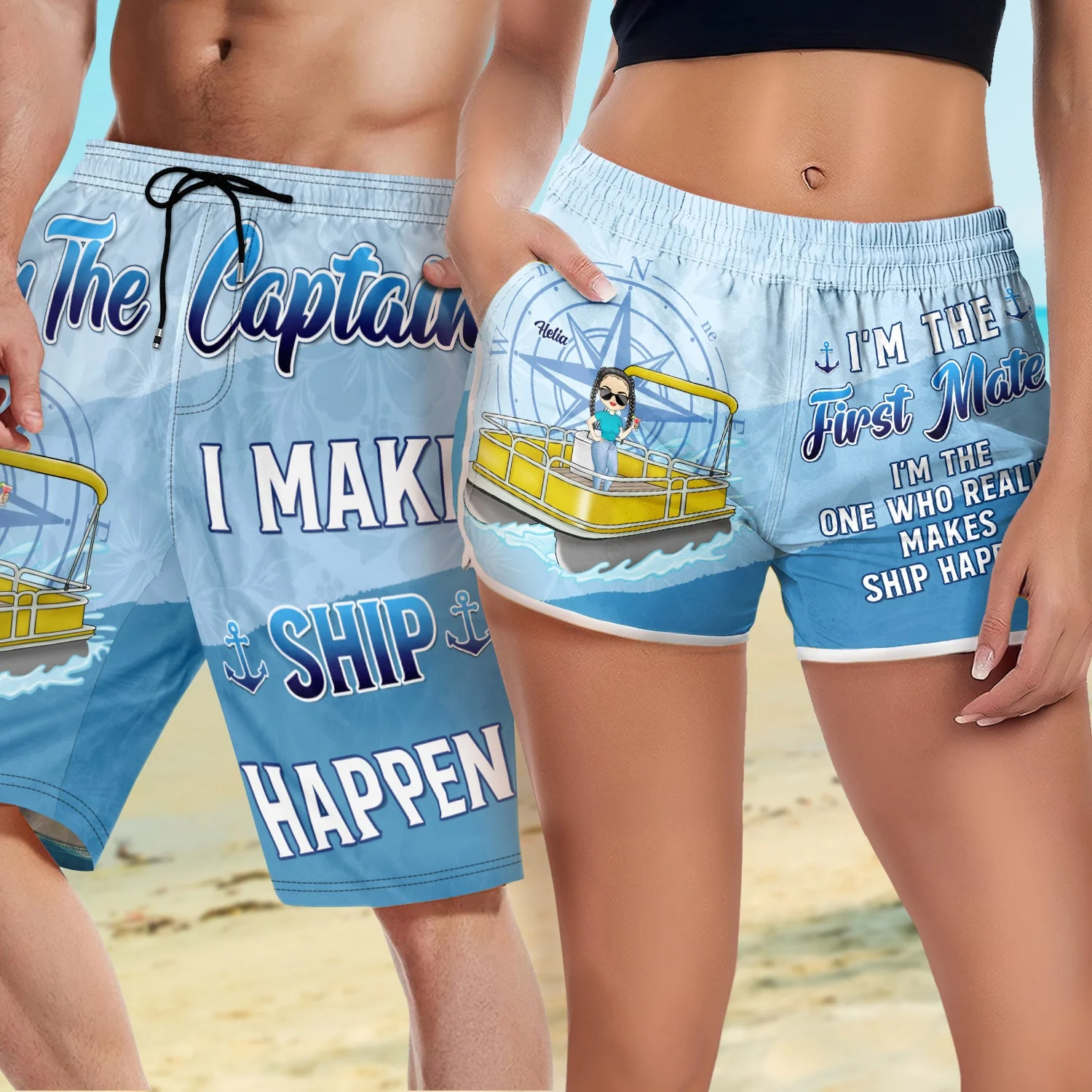 Pontoon Couple I'm The Captain I'm The First Mate - Gift For Husband, Wife, Pontooning Lovers, Lake Lovers, Travelers - Personalized Couple Beach Shorts - Image 6