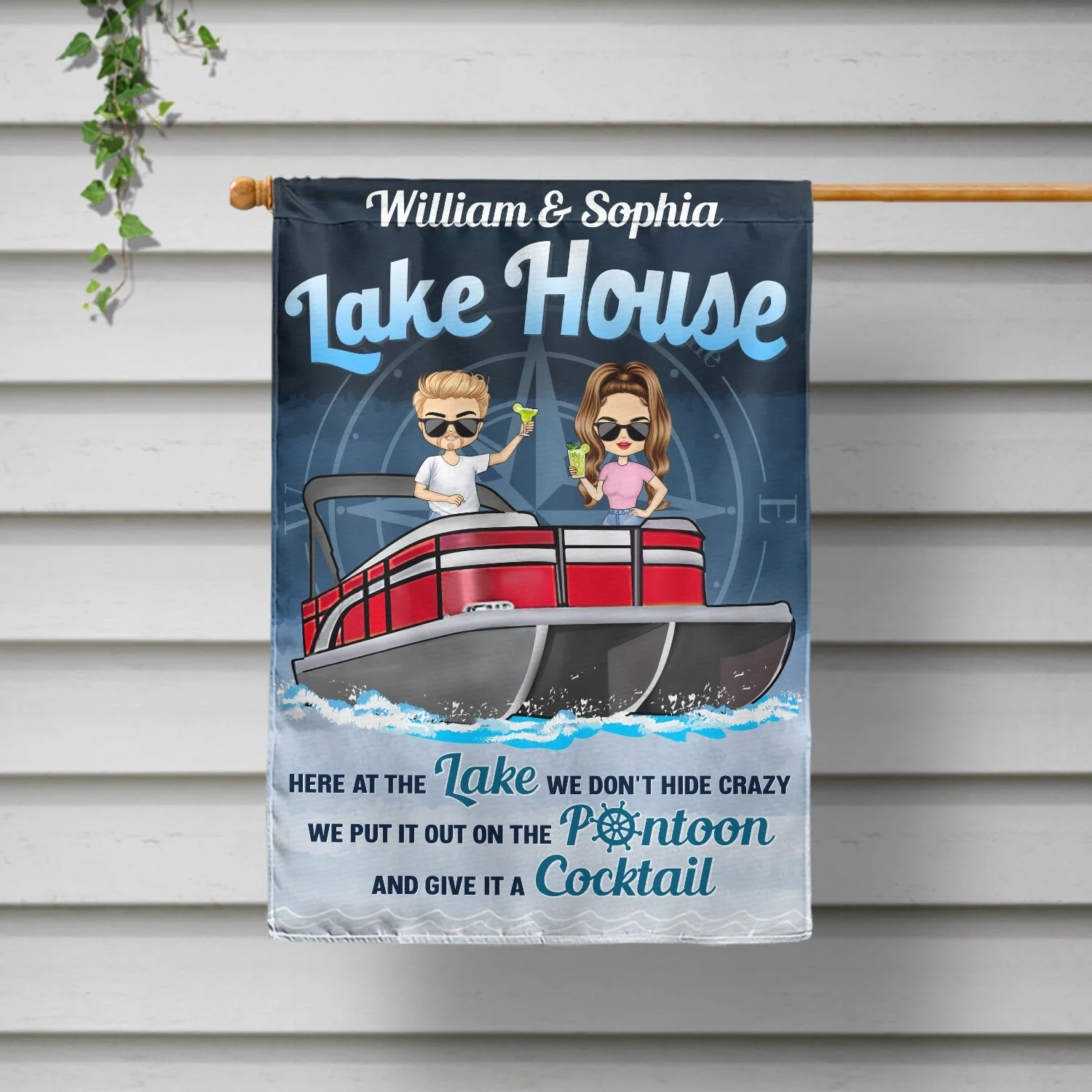 Pontoon Here At The Lake We Don't Hide Crazy - Home Decor, Backyard Decor, Lake House Decor, Gift For Pontooning Lovers, Couples, Husband, Wife - Personalized Custom Flag - Image 2