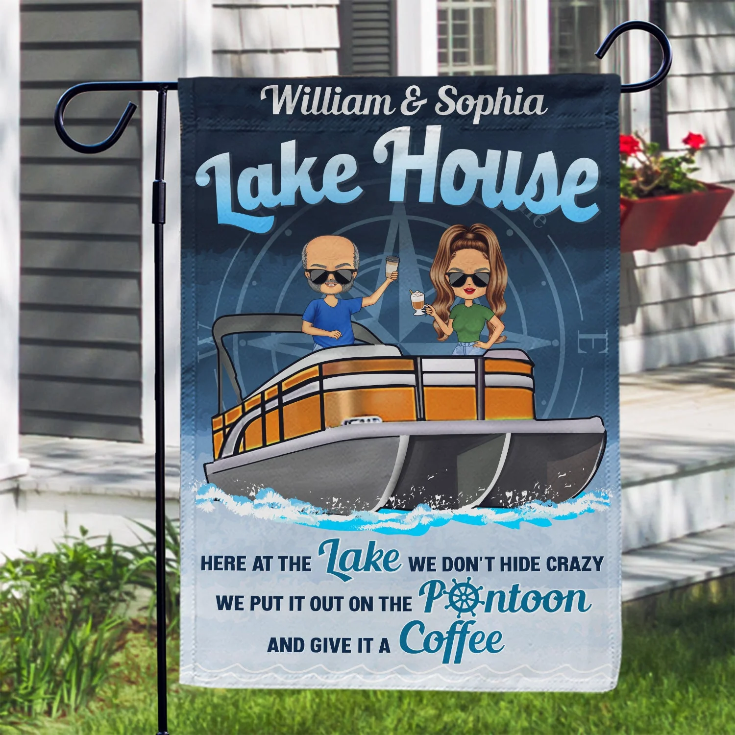 Pontoon Here At The Lake We Don't Hide Crazy - Home Decor, Backyard Decor, Lake House Decor, Gift For Pontooning Lovers, Couples, Husband, Wife - Personalized Custom Flag - Image 3