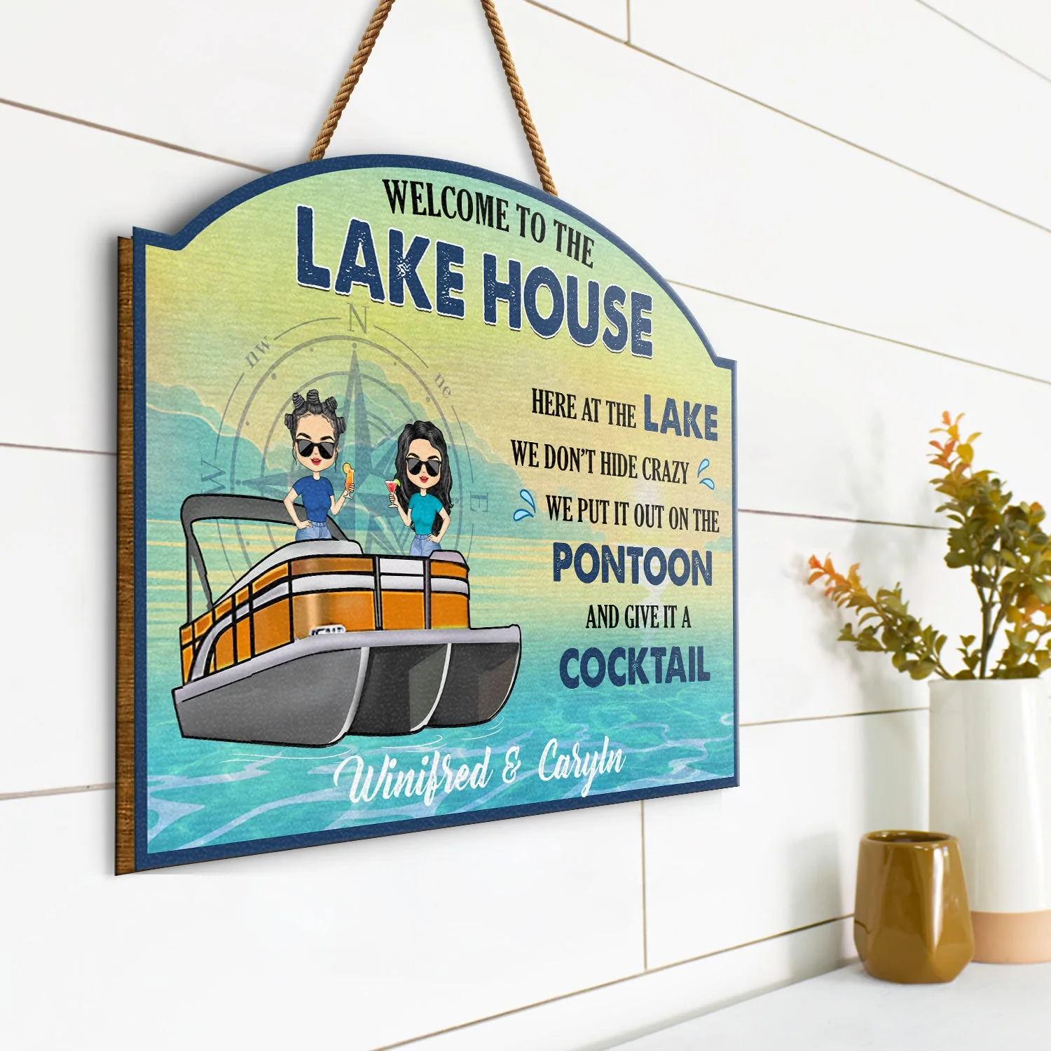 Pontoon Here At The Lake We Don't Hide Crazy - Home Decor, Backyard Decor, Lake House Sign, Gift For Pontooning Lovers, Couples, Husband, Wife - Personalized Custom Shaped Wood Sign - Image 2