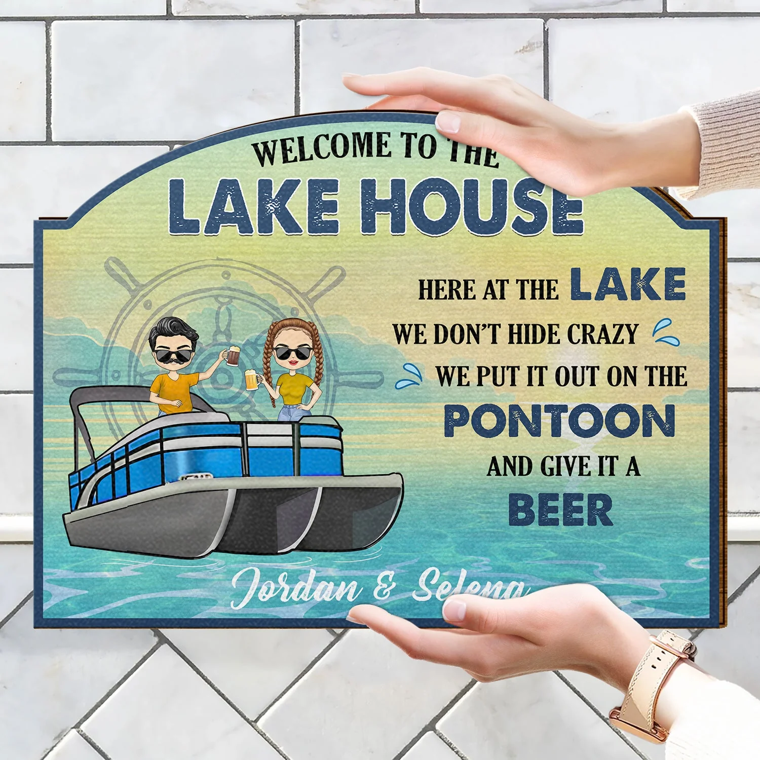 Pontoon Here At The Lake We Don't Hide Crazy - Home Decor, Backyard Decor, Lake House Sign, Gift For Pontooning Lovers, Couples, Husband, Wife - Personalized Custom Shaped Wood Sign - Image 4