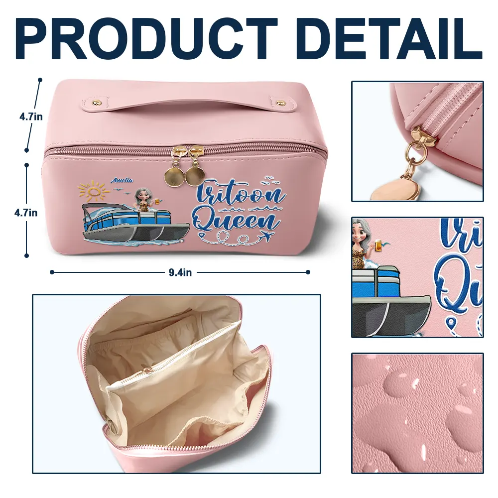 Pontoon Queen Classy Sassy All My Pontoon Crap - Personalized Leather Makeup Bag - Image 4