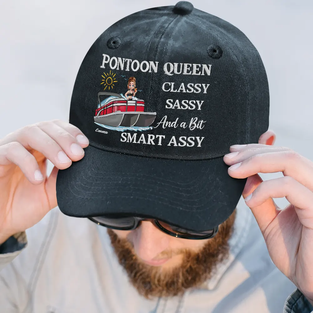 Pontoon Queen Classy Sassy - Personalized Vintage Washed Denim Cap - Image 3