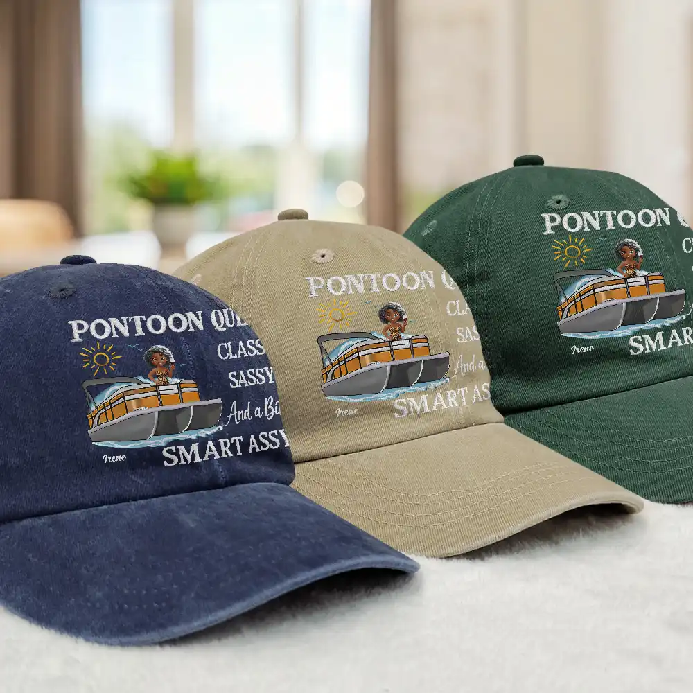 Pontoon Queen Classy Sassy - Personalized Vintage Washed Denim Cap - Image 4