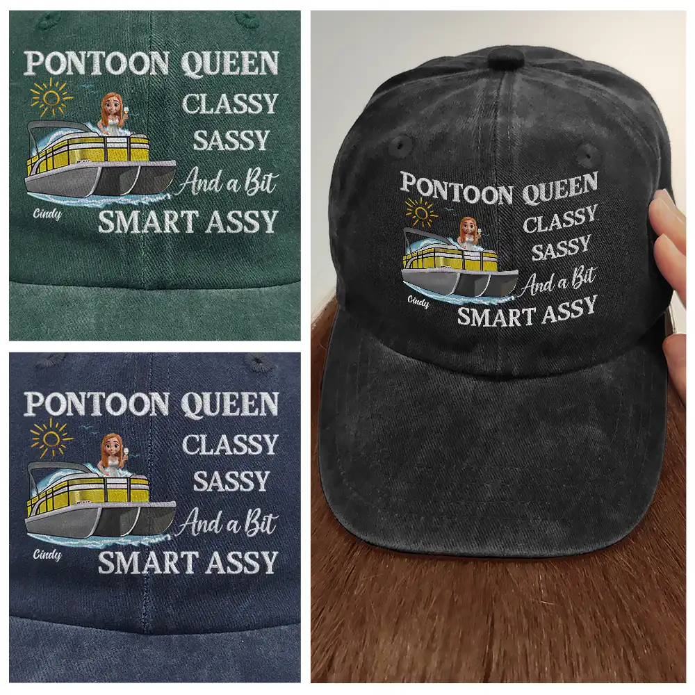 Pontoon Queen Classy Sassy - Personalized Vintage Washed Denim Cap - Image 5