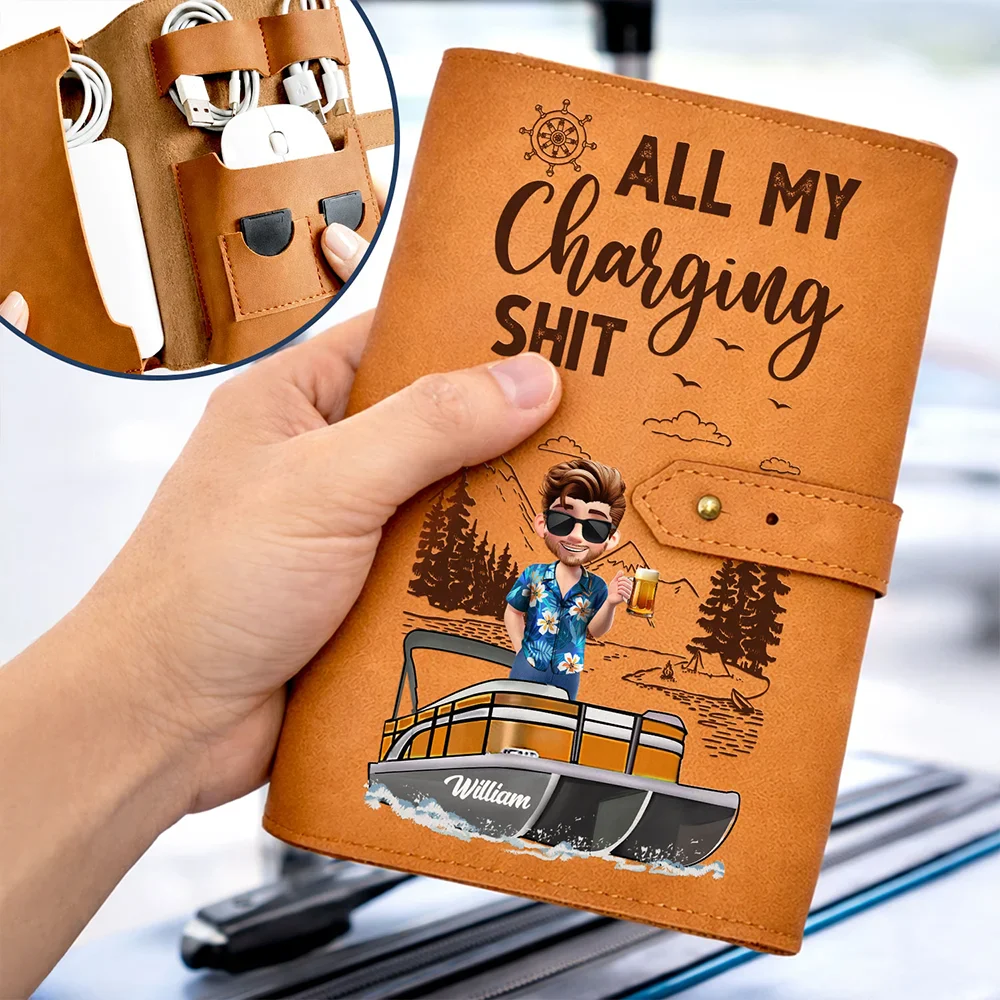 Pontoon Woman Man All My Charging Sh*t - Personalized Leather Cable Bag - Image 2