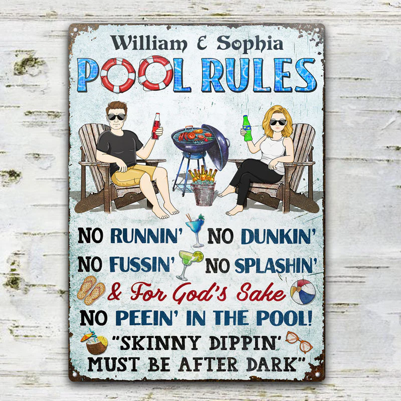 Pool Rules Grilling No Running No Splashing No Dunking Couple Husband Wife - Backyard Sign - Personalized Custom Classic Metal Signs - Image 2