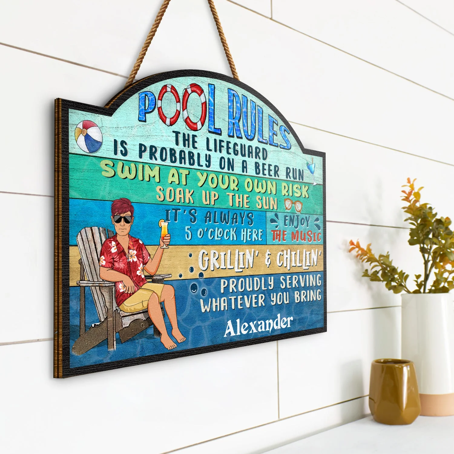 Pool Rules Swim At Your Own Risk Grilling BBQ - Home Decor, Backyard Decor, Gift For Her, Him, Family, Couples, Husband, Wife - Personalized Custom Shaped Wood Sign - Image 2