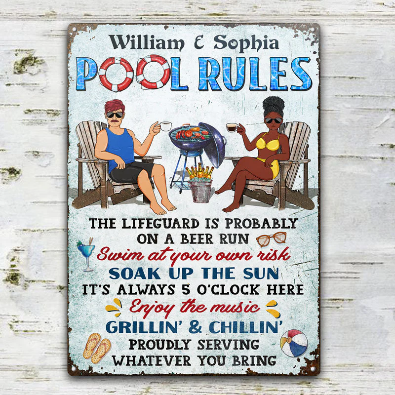 Pool Rules Swim At Your Own Risk Grilling Couple Husband Wife - Backyard Sign - Personalized Custom Classic Metal Signs - Image 2