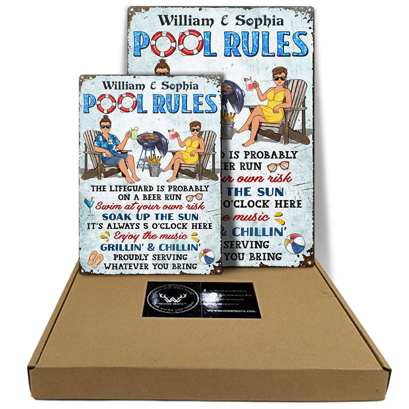 Pool Rules Swim At Your Own Risk Grilling Couple Husband Wife - Backyard Sign - Personalized Custom Classic Metal Signs - Image 3