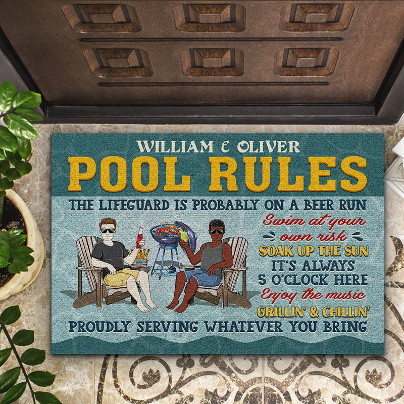 Pool Rules Swim At Your Own Risk Grilling Couple Husband Wife - Personalized Custom Doormat - Image 2