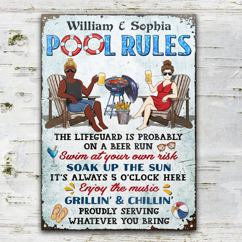 Pool Rules Swim At Your Own Risk Grilling Couple Husband Wife Pride - Backyard Sign - Personalized Custom Classic Metal Signs - Image 2