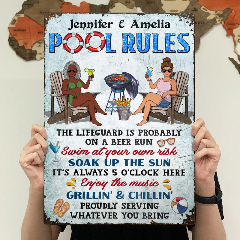Pool Rules Swim At Your Own Risk Grilling Couple Husband Wife Pride - Backyard Sign - Personalized Custom Classic Metal Signs - Image 4
