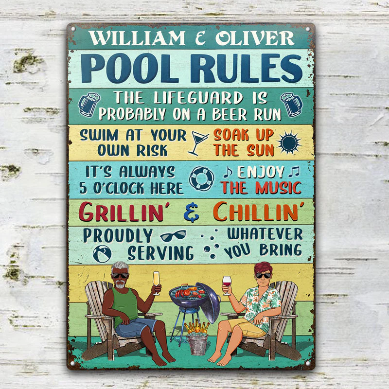 Pool Rules Swim At Your Own Risk Grilling Couple Husband Wife Vintage - Backyard Sign - Personalized Custom Classic Metal Signs - Image 2