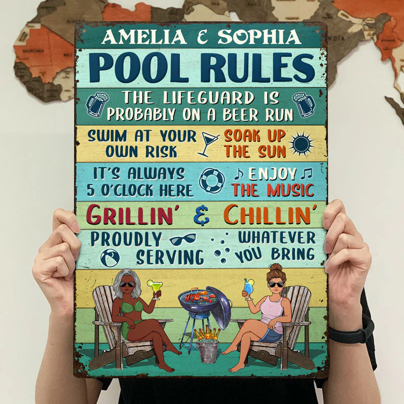 Pool Rules Swim At Your Own Risk Grilling Couple Husband Wife Vintage - Backyard Sign - Personalized Custom Classic Metal Signs - Image 4