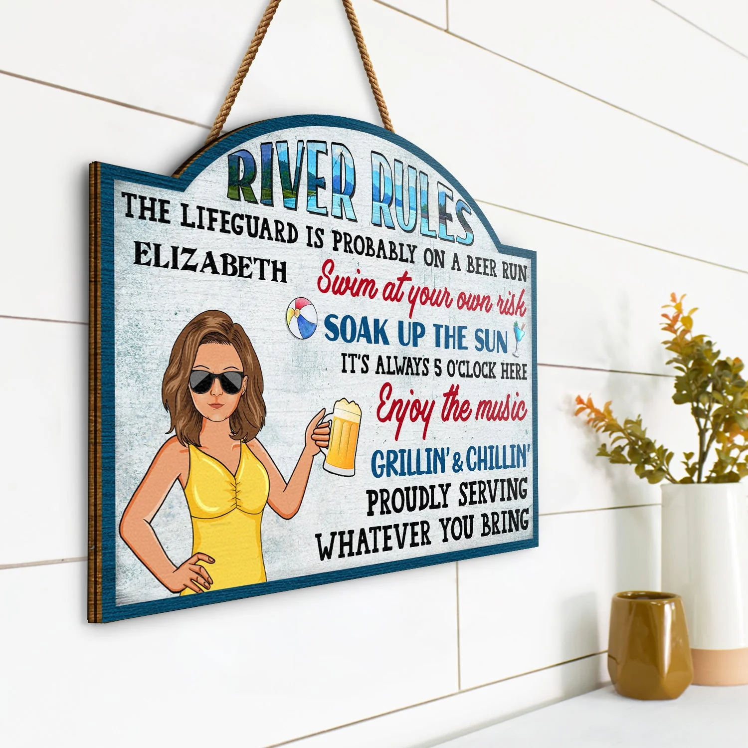 Pool Rules Swim At Your Own Risk Grilling Family - Home Decor, Backyard Decor, Gift For Her, Him, Couples, Husband, Wife - Personalized Custom Shaped Wood Sign - Image 2