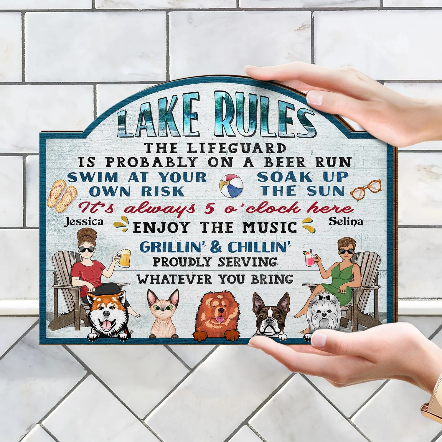 Pool Rules Swim At Your Own Risk Grilling - Home Decor, Backyard Decor, Gift For Her, Him, Family, Couples, Dog Lovers, Cat Lovers - Personalized Custom Shaped Wood Sign - Image 4