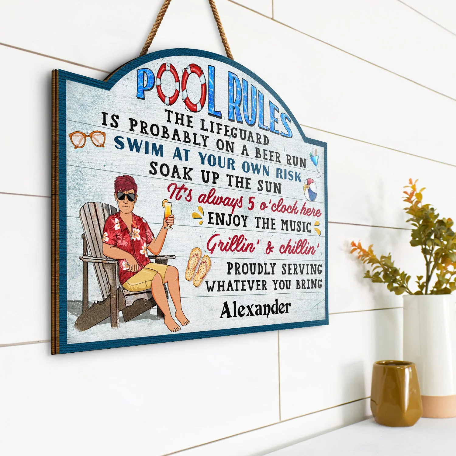 Pool Rules Swim At Your Own Risk Grilling - Home Decor, Backyard Decor, Gift For Her, Him, Family, Couples, Husband, Wife - Personalized Custom Shaped Wood Sign - Image 2