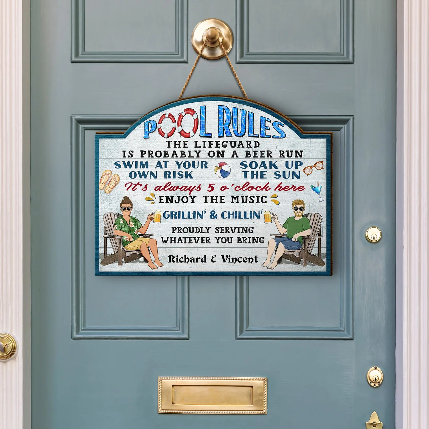 Pool Rules Swim At Your Own Risk Grilling - Home Decor, Backyard Decor, Gift For Her, Him, Family, Couples, Husband, Wife - Personalized Custom Shaped Wood Sign - Image 3