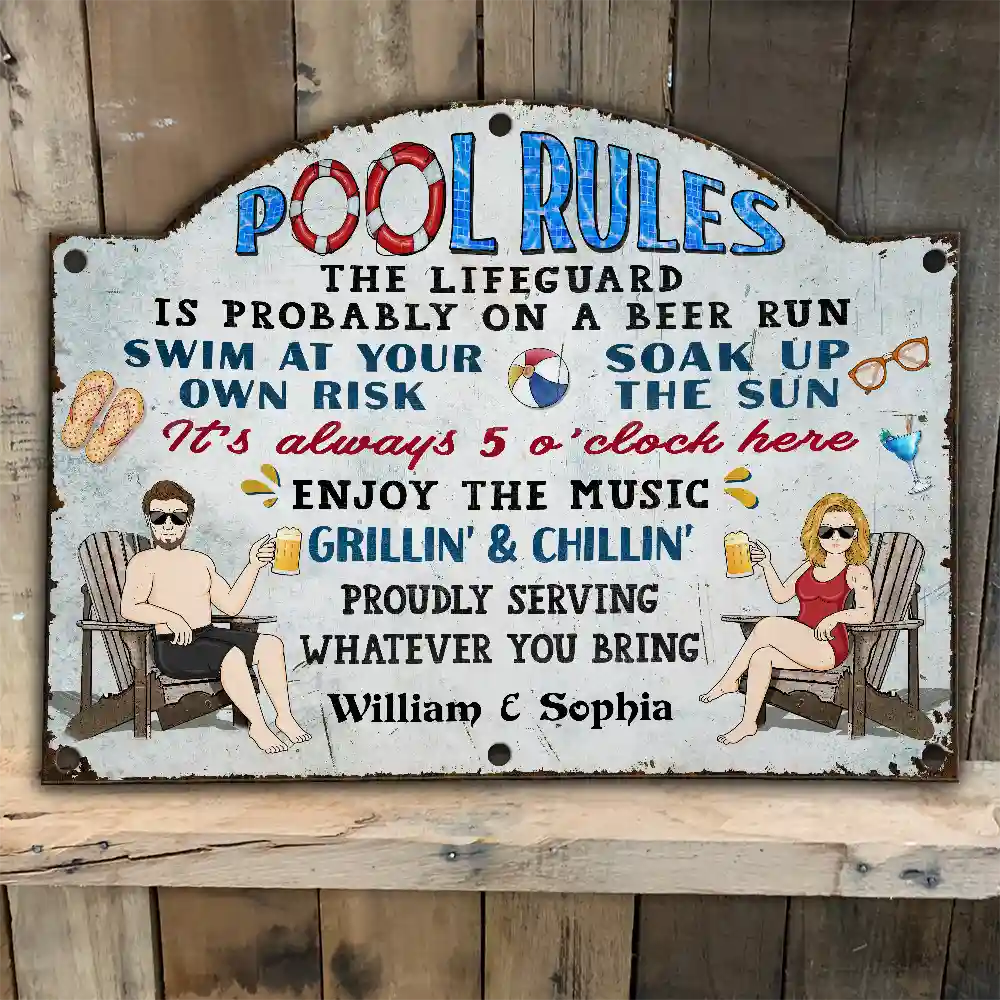 Pool Rules Swim At Your Own Risk Grilling - Personalized Custom Shaped Metal Sign - Image 5