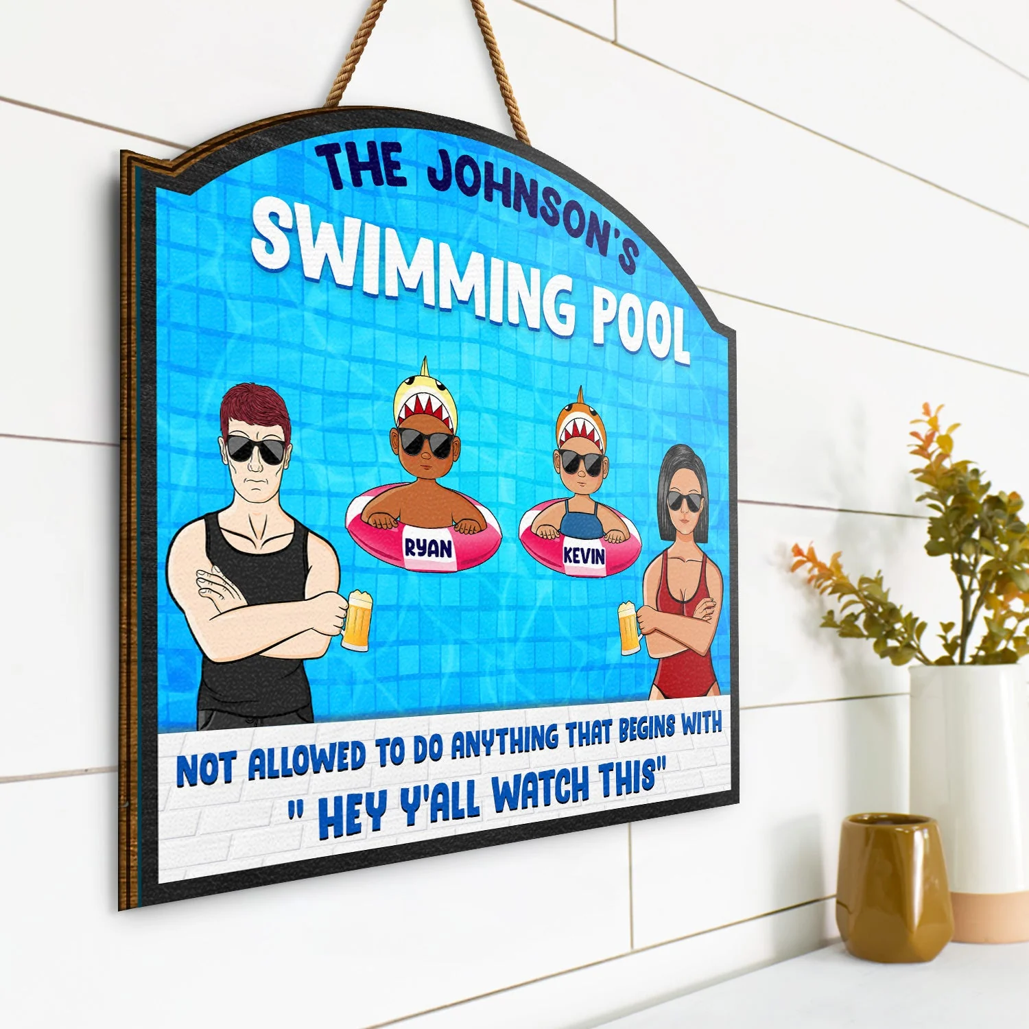 Pool Warning Not Allowed To Do Anything Begins With Watch This - Funny Decor For Pool, Home Decor, Funny Pool Sign - Personalized Custom Shaped Wood Sign - Image 2