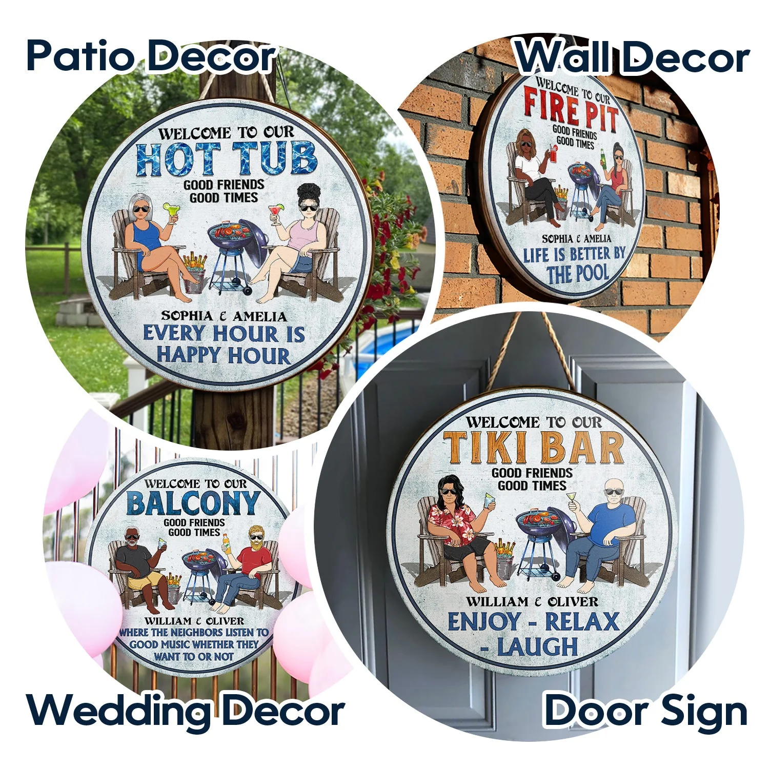 Poolside Grilling Listen To Good Music Couple Husband Wife - Backyard Sign - Personalized Custom Wood Circle Sign - Image 4