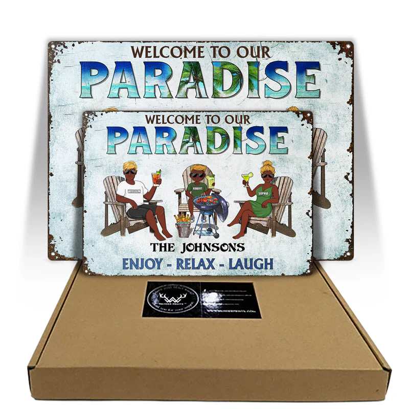 Poolside Grilling Listen To The Good Music Couple Husband Wife Children - Backyard Sign - Personalized Custom Classic Metal Signs - Image 5