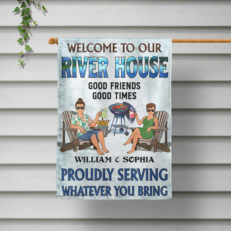 Poolside Grilling Listen To The Good Music Couple Husband Wife - Personalized Custom Flag - Image 2