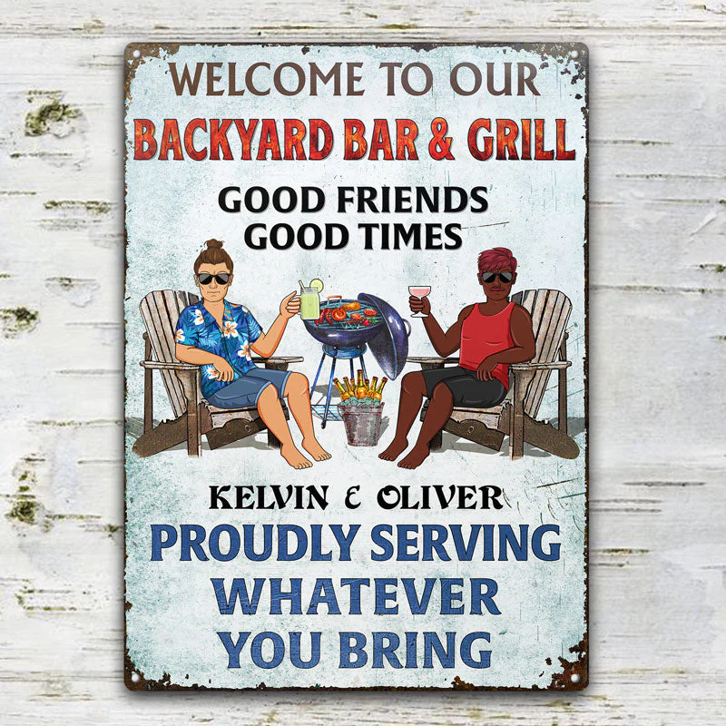 Poolside Grilling Listen To The Good Music Couple Husband Wife Vertical - Backyard Sign - Personalized Custom Classic Metal Signs - Image 2