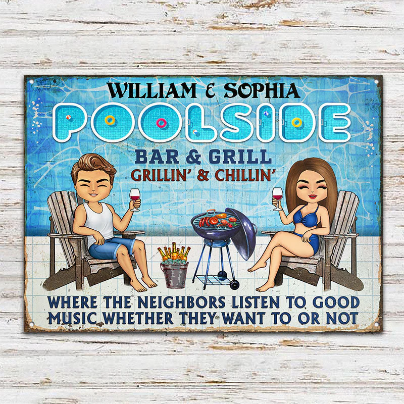 Poolside Listen To The Good Music Bar Grilling Swimming - Personalized Custom Classic Metal Signs - Image 2