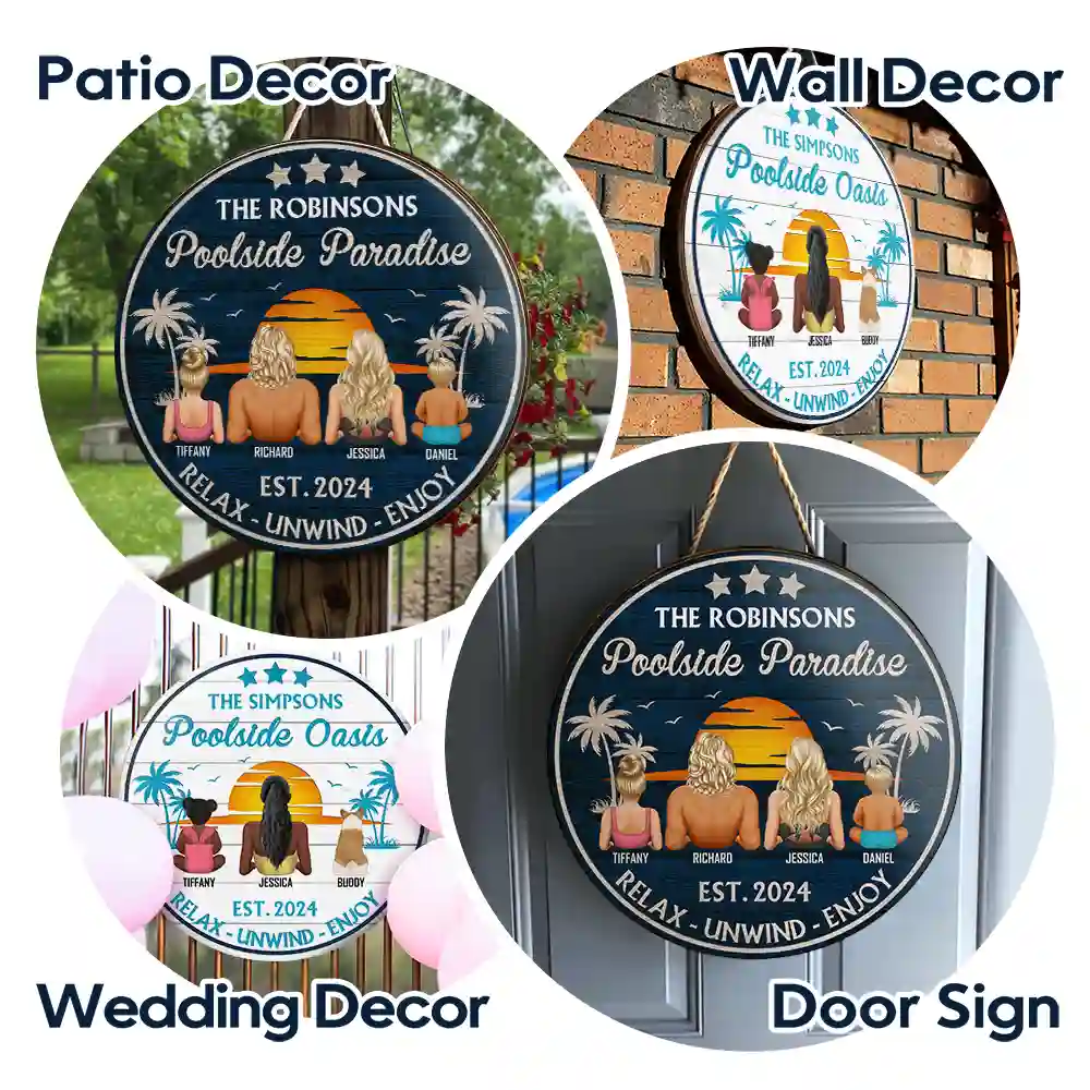 Poolside Paradise Family - Personalized Wood Circle Sign - Image 4