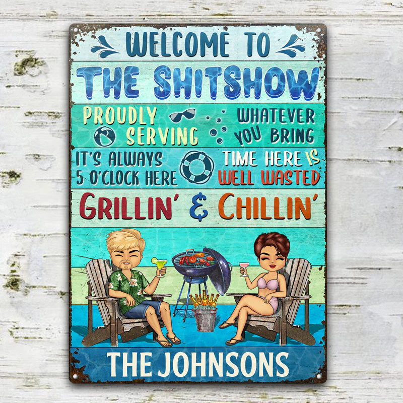 Poolside Proudly Serving Whatever You Bring Chibi Husband Wife Couple - Pool Sign - Personalized Custom Classic Metal Signs - Image 2