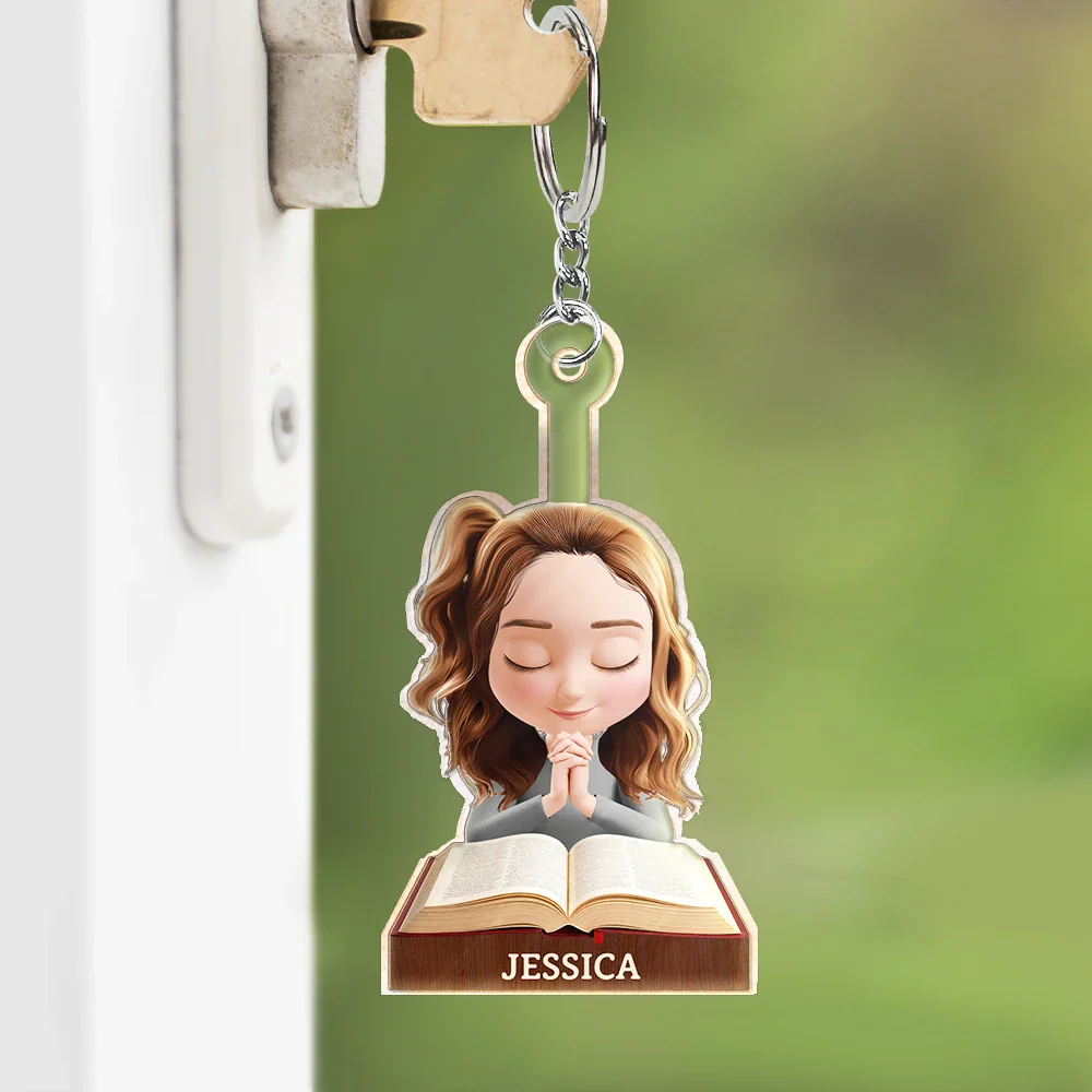 Praying Woman Girl With Open Bible - Personalized Acrylic Keychain - Image 3