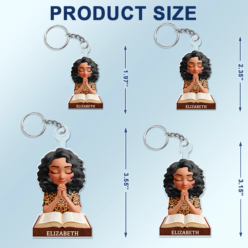 Praying Woman Girl With Open Bible - Personalized Acrylic Keychain - Image 5