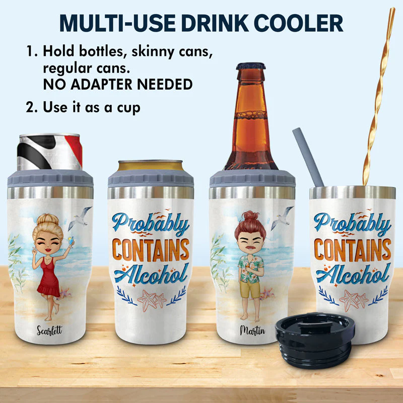 Probably Contains Alcohol Drinking Beach Girl Boy - Gift For Yourself - Personalized Custom Triple 3 In 1 Can Cooler - Image 2