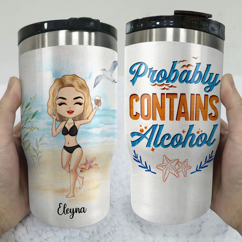 Probably Contains Alcohol Drinking Beach Girl Boy - Gift For Yourself - Personalized Custom Triple 3 In 1 Can Cooler - Image 3